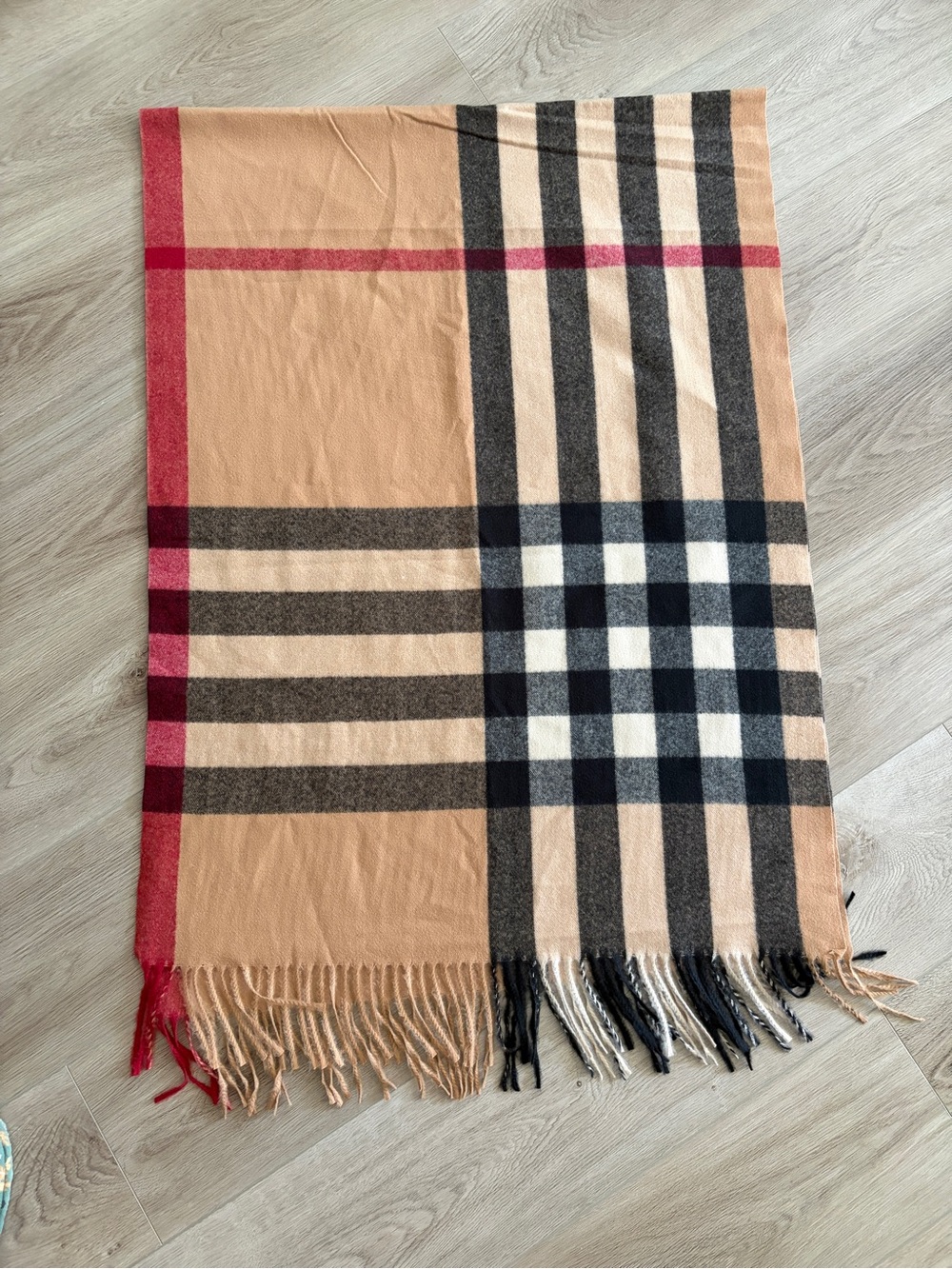 Plaid Wrap Scarf in Camel and Black with Red Accents